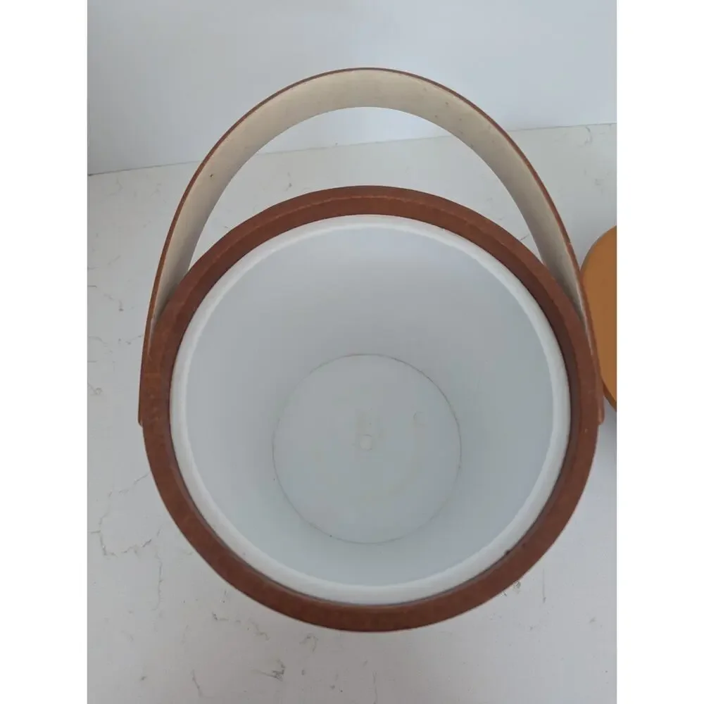 Vtg MCM Brown Faux Leather Ice Bucket Barware Wood Knob Retro 60s 70s